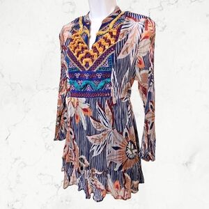 Soft Surroundings Tory Blue & Red Floral Striped Embellished Boho Blouse